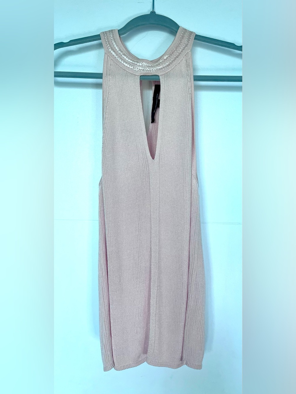 WHBM Pink Ribbed Knit Halter Top Keyhole Neck Braided Trim Size S NWOT